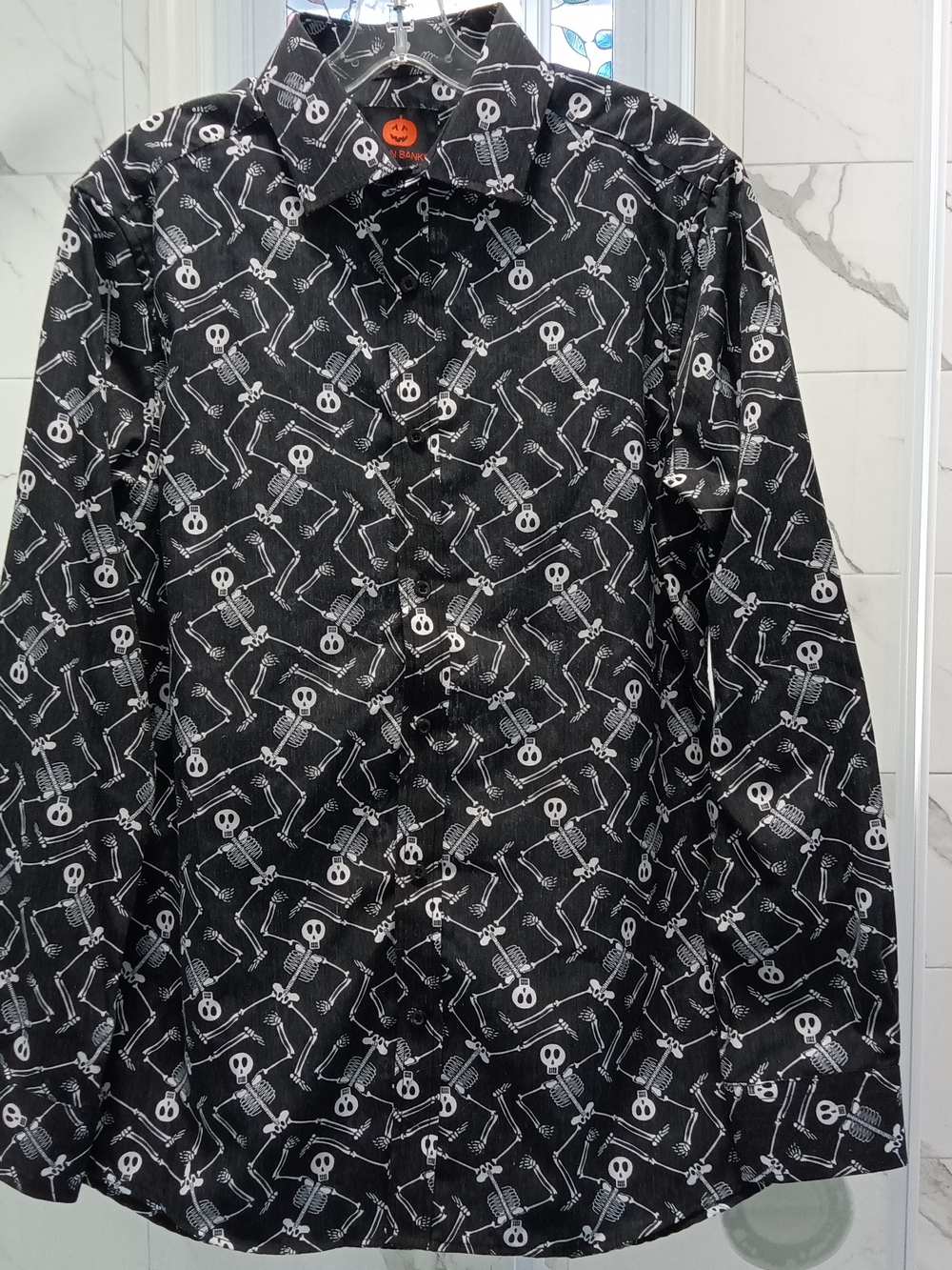 Simon Banks Black Med Skeleton Print Button-Down Festive Spooky Halloween Shirt